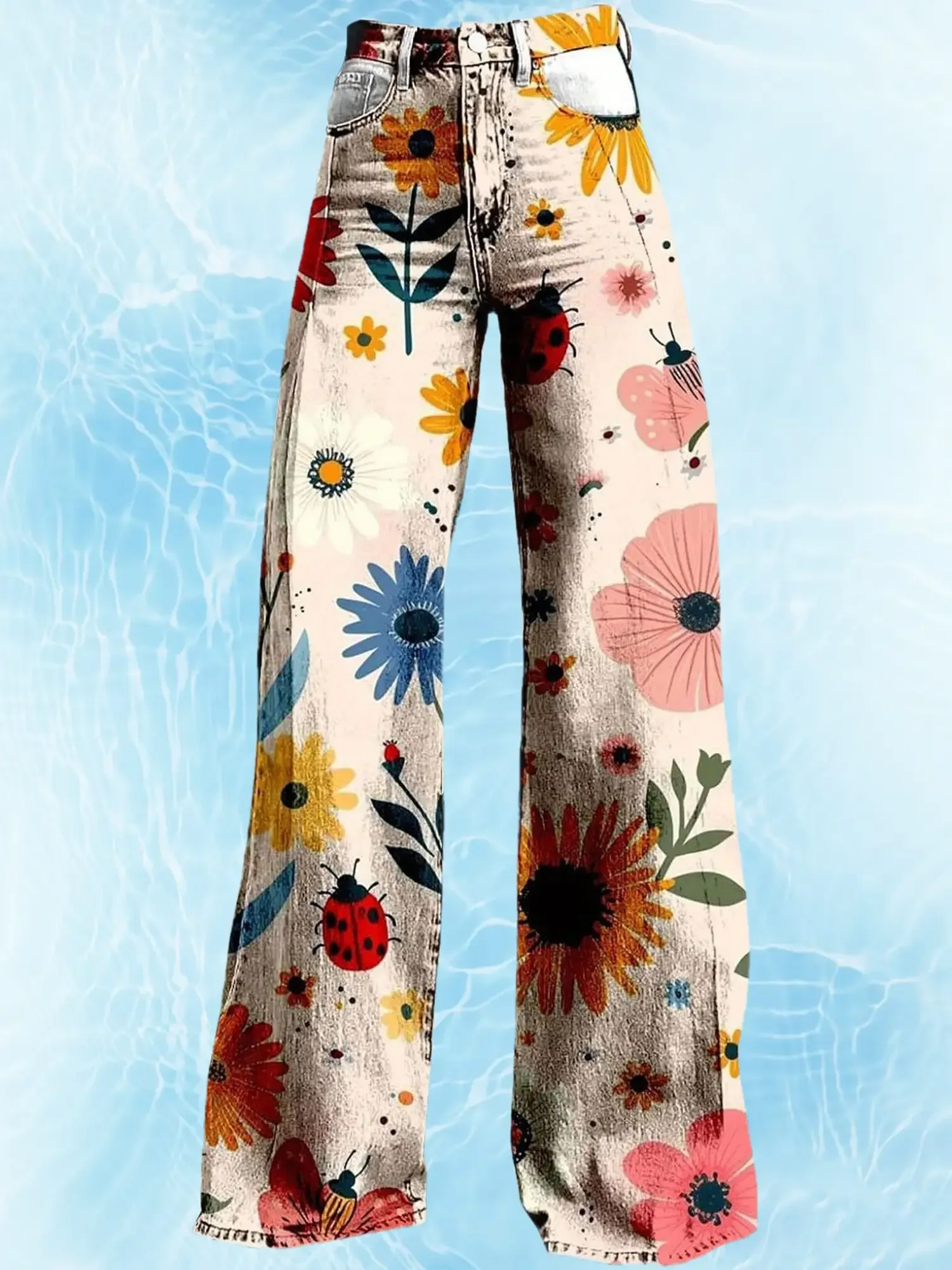 

New women's printed exquisite pattern wide leg imitation jeans ,Printed bell bottom pants, multi-color full print