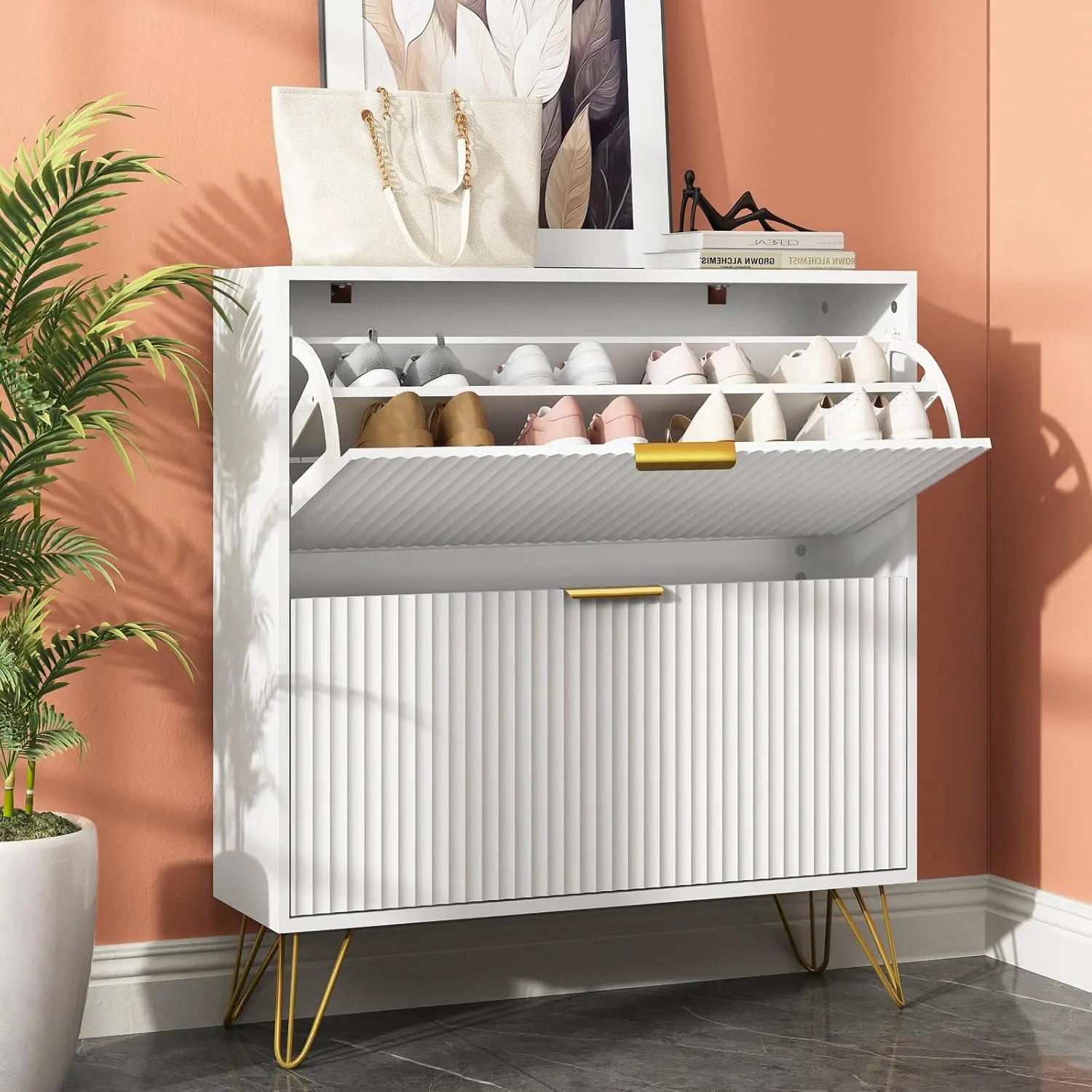 

Shoe cabinet with 2 flip drawers, 31.5 W entrance slot shoe cabinet, hidden shoe cabinet storage, narrow free space