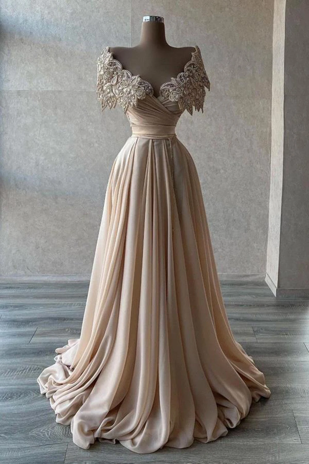 Long Luxury Evening Dresses 2023 Off The Shoulder Sparkly Beaded Crystal Champagne Chiffon Dubai Women Formal Prom Party Gowns