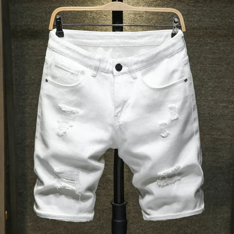 2025 New White Denim Shorts Men Ripped Knee Length Fashion Jeans Casual Hole Slim Male Short Pants Streetwear