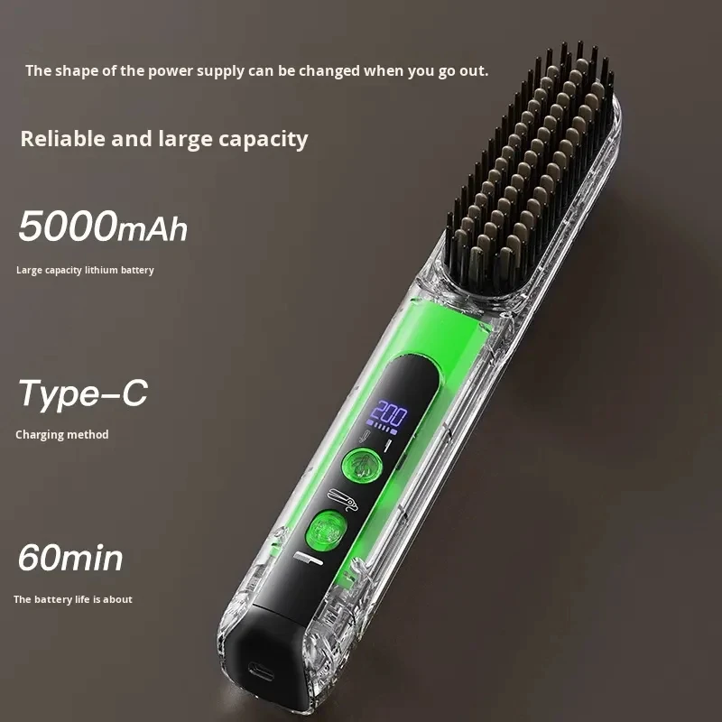 Cordless 2-in-1 Hair Straightener Comb & Flat Iron Stainless Steel Teeth Adjustable Heat USB-Powered Travel Curling Iron Brush