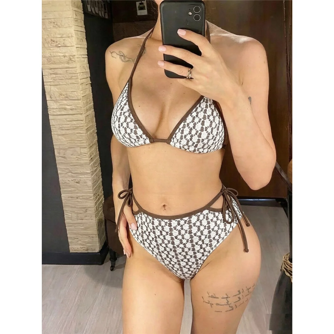 Sexy bedruckter Neckholder-Bikini mit hoher Taille, Damen-Badeanzug, zweiteiliges Bikini-Set, gepolsterter Badeanzug, Badebekleidung, Schwimmanzug V8481 – Detail 2