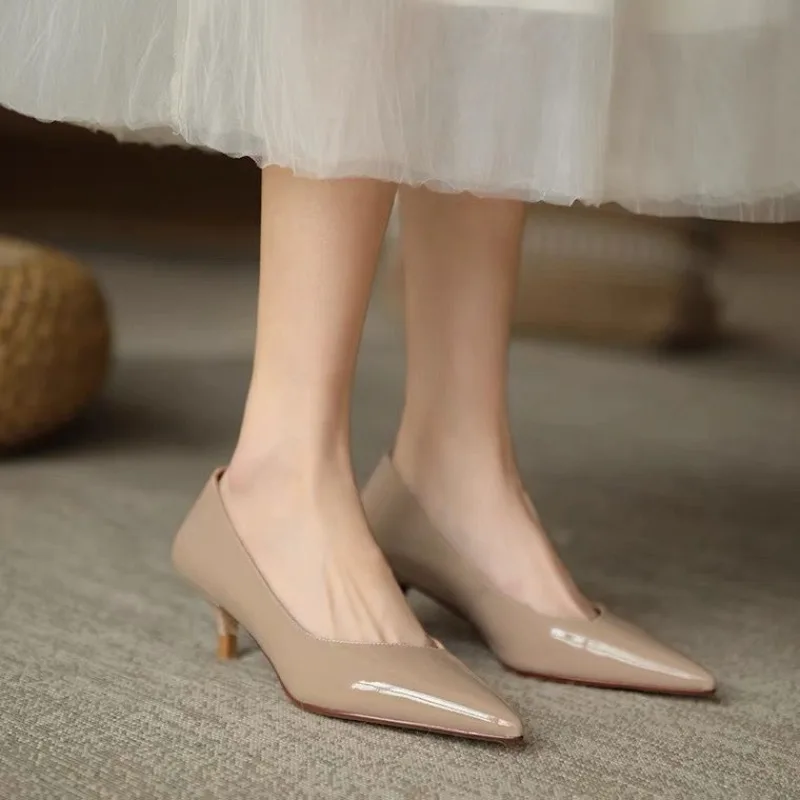 Patent Leather Pumps Women Stiletto Professional Shoes 2024 New Gray Pointed High Heels Mid-heel Women\'s Shoes