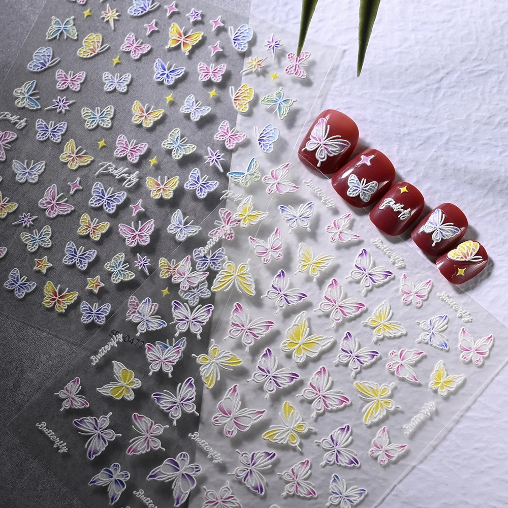 1Pc 5D Embossed Colorful Butterfly Nail Art Sticker Daisy Petal Hollow Wings Self-Adhesive Decals DIY Slider Manicure Decoration