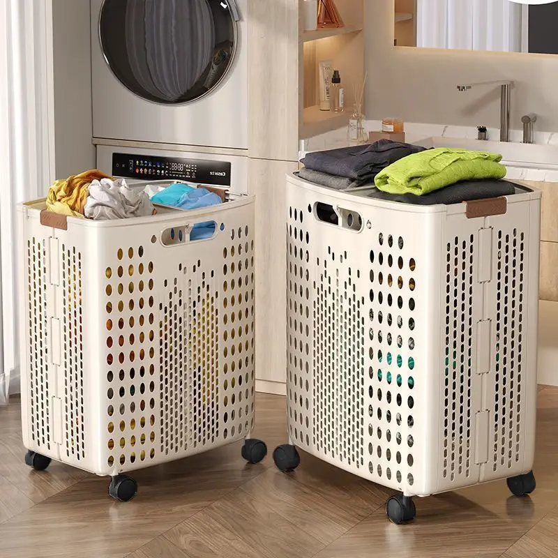 1 Piece, Two Colors Available, Household Bathroom Laundry Basket, Foldable Dirty Clothes Hamper, Large Capacity with Wheels, Simple Design, Laundry Storage Basket for Bathroom [No Divider in the Middle]