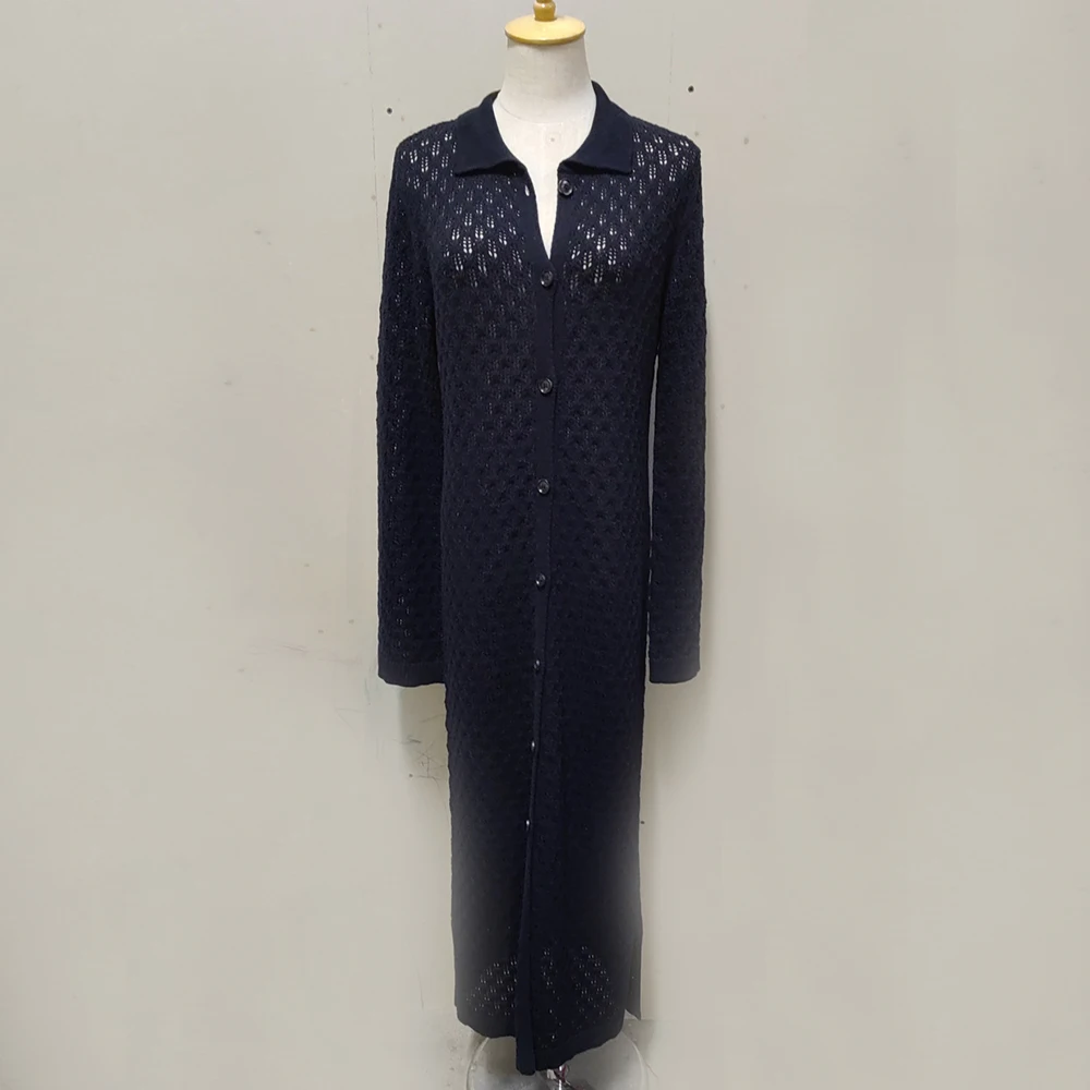 Tuularose Knit Long Dress Solid Hollow Single Breasted Cardigan Dress Casual Loose Lapel Office Lady Vacation Women Knit Dresses