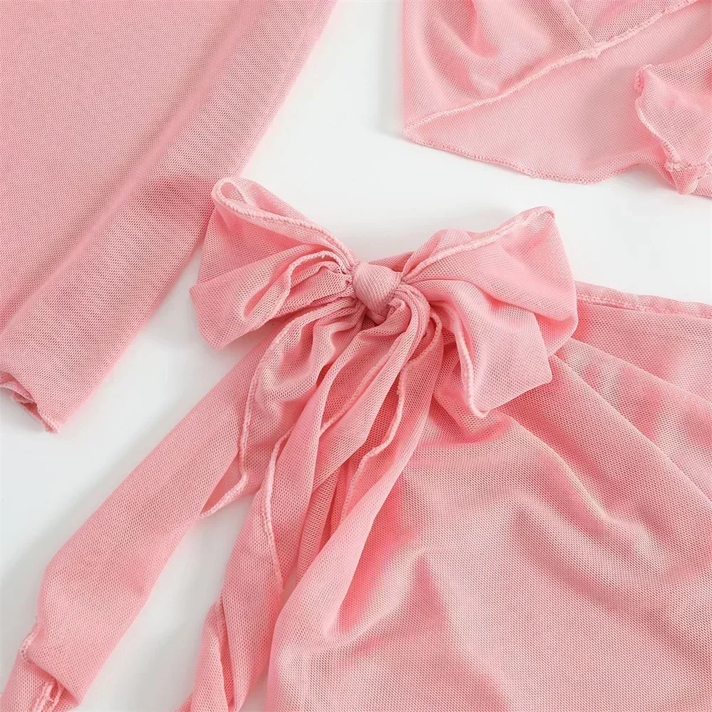 かわいいピンクの包帯水着カバーアップ三角ビキニ Tバックホルター水着 4 ピーストレンドビキニビーチ衣装女性水着