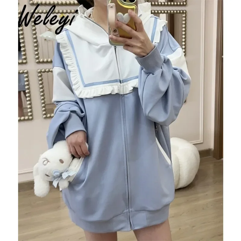 Jirai Kei Cute Oversized Hoodie Coats for Women 2024 Fall Japanese Sweet Loose Long Sleeve Hooded Sweatshirt Roupas Femininas