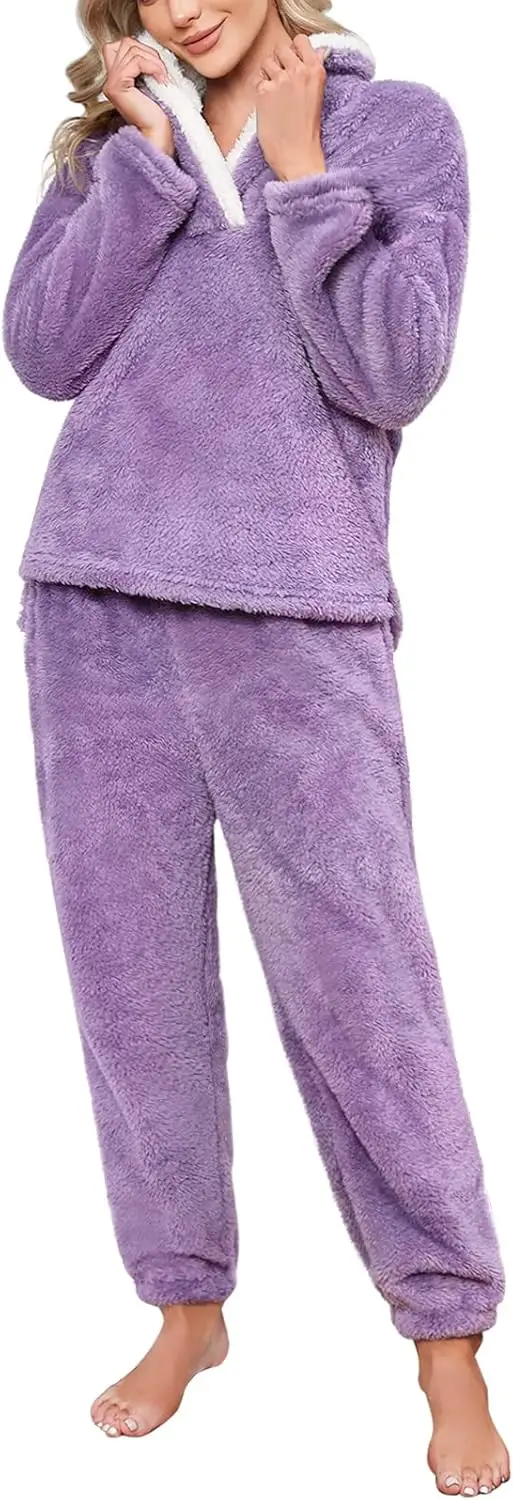 

Womens Pajamas Warm Fleece Pajamas Set Pullover Pants Loose Loungewear Sherpa Hoodie Sleepwear Winter Clothes