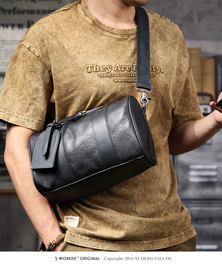 Outdoor-Reisen hochwertige echtes Leder Herren schwarze Zylinder Umhängetasche lässig Designer handgefertigte Rindsleder Umhängetasche – Detail 8