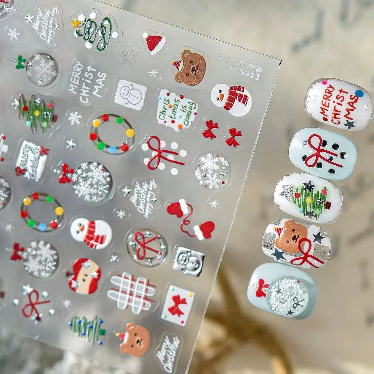

Christmas Tree Snowflake Bowknot Apple Wreath Biscuit Snowman Gingerbread Man Santa Claus Crystal Winter Nail Art Stickers Decal