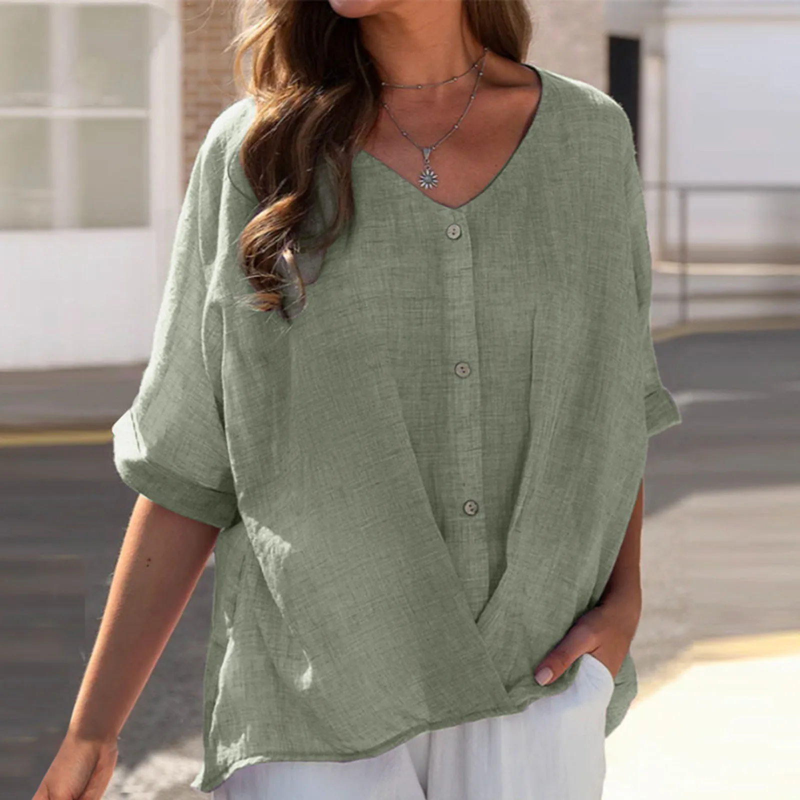 Ladies Summer Shirts Cotton Linen V Neck Short Sleeve Button Up Loose Top Blouse For Women Solid Color Oversize Streetwear Blusa