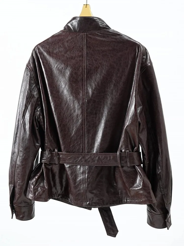 Streetwear Ladies Single-Breasted Belt Genuine Leather Jackets Solid Color Stand Collar Long Sleeves Sheepskin Outwear