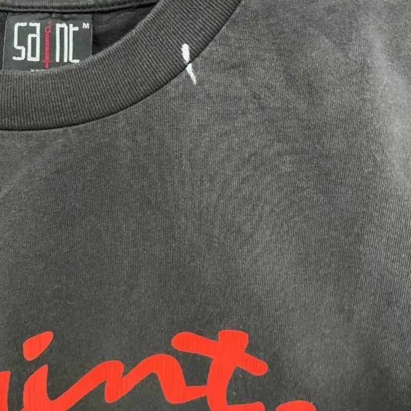 Summer Saint Tshirts Vintage Distressed Washed Black Splashing Ink Crack Colored Letter Logo Round Neck Short Sleeve Men Women