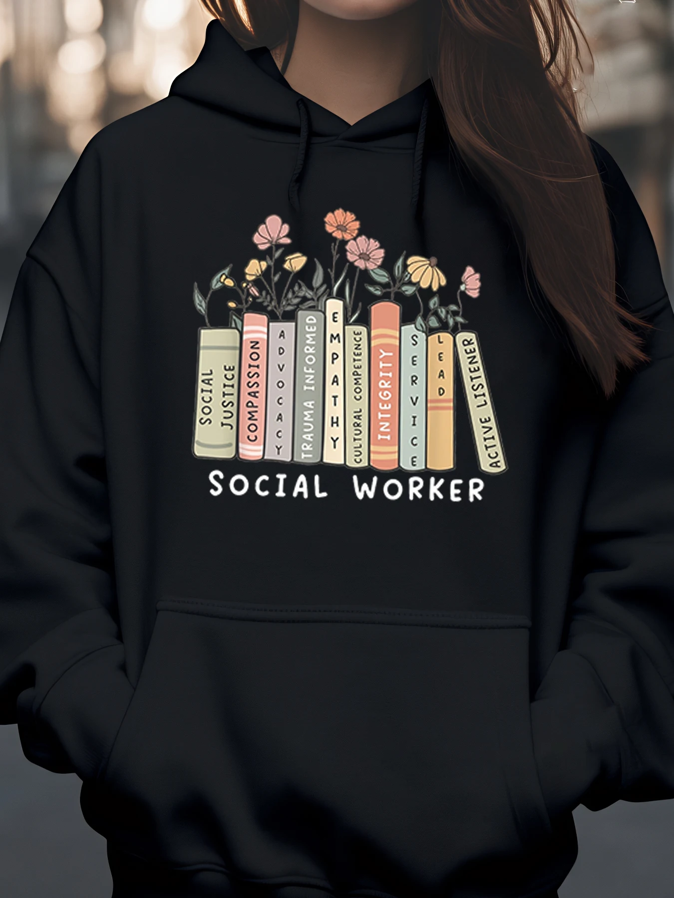 

Книжная полка с цветочным принтом для социального работника, толстовка с принтом для женщин, повседневная одежда, повседневная одежда