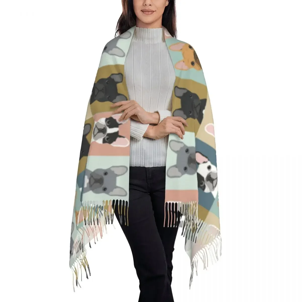 French Bulldog Portraits Pattern Tassel Scarf Women Soft Frenchie Dog Lover Shawl Wrap Female Winter Scarves