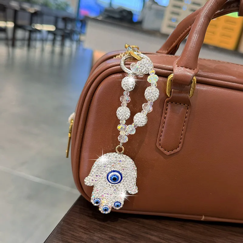 Sparkly Hamsa Hand Evil Eye Keychain Charms, Crystal Beaded Wrist Strap Phone Lanyard Fatima Hand Bag Pendant Fashion Gift