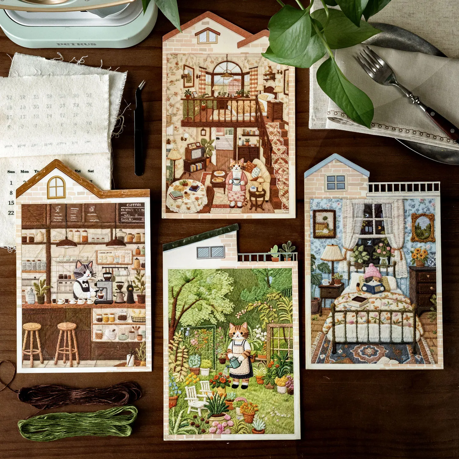 3pcs PET Puzzle Landscape Stickers, Cat Island Time Miniature Scene Embroidery Stickers, Handheld Tent Decompression Toys