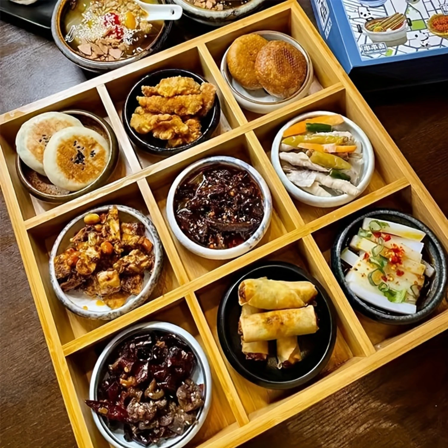 Bamboo Snack Box with Nine Compartments for Organization and Decoration in Kitchen, Bedroom, Living Room, Office. Gold tray Tray