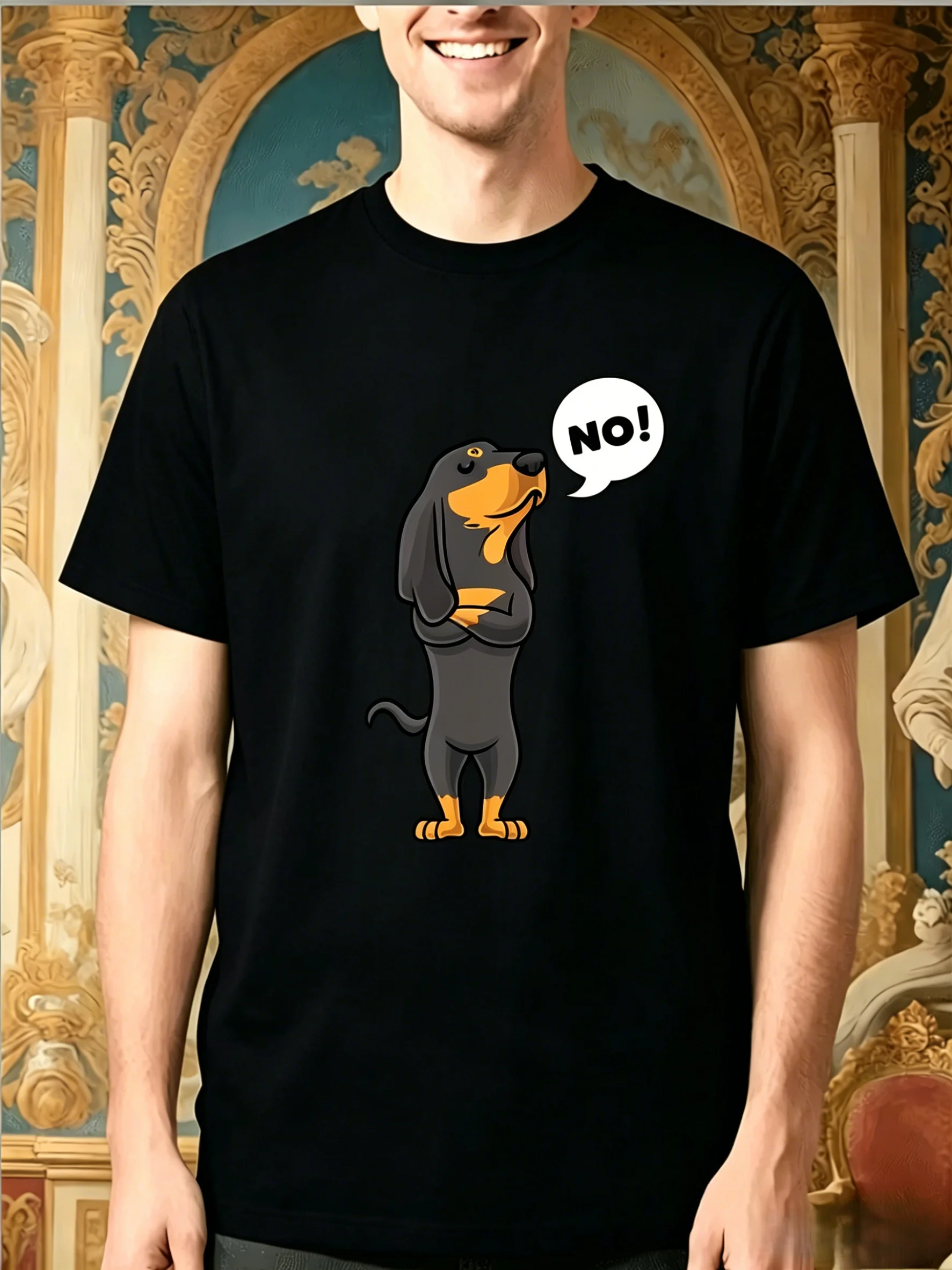 Men Funny Dachshund Cross Arms Say No Cartoon Print Cotton T Shirt Short Sleeve Crew Neck Daily Casual Wear For Dog Pet Lovers