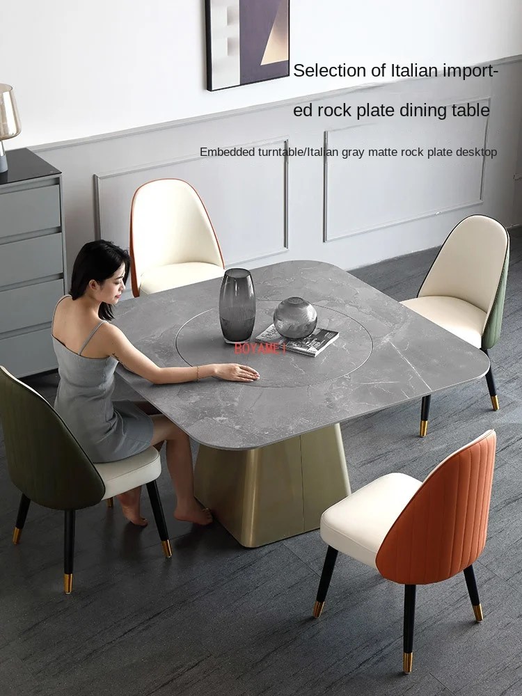 

Italian imported gray rock plate dining table simple small household square with turntable designer rock plate dining table