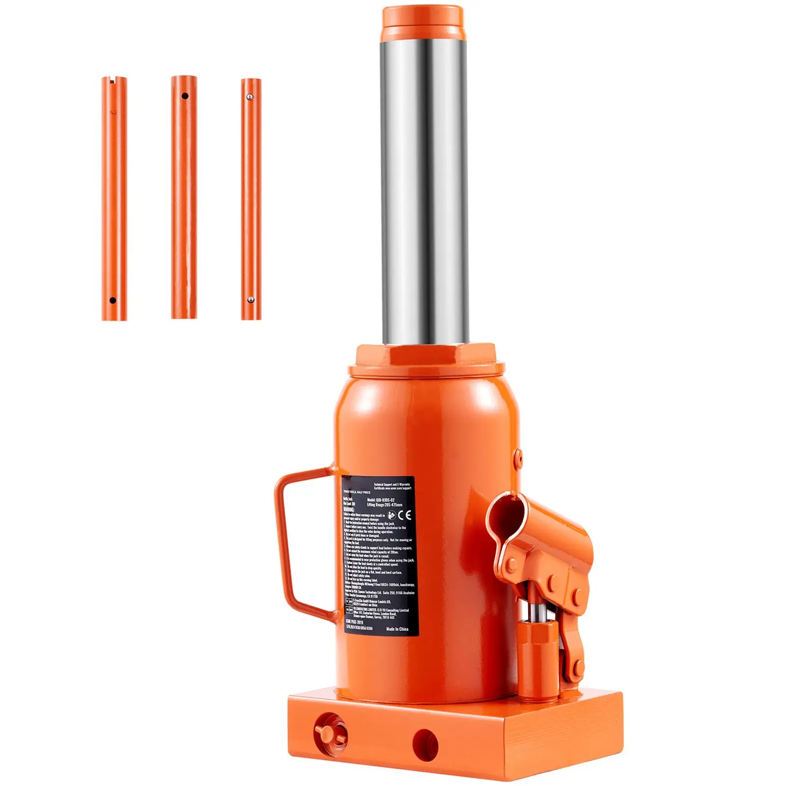 Hydraulic Bottle Jack, 30 Ton/66138 lbs Welded Bottle Jack with 11.22''-18.66'' Lifting Range & 3-Section Long Handle, for Car,