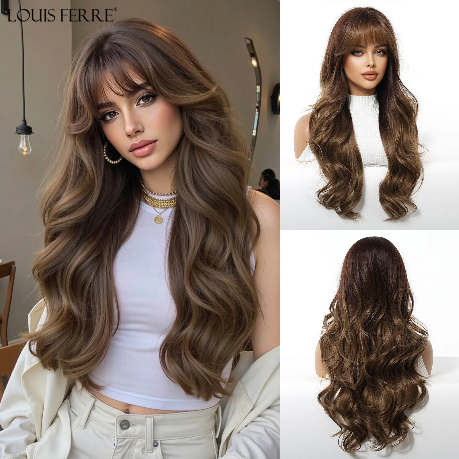 

LOUIS FERRE Long Brown Wigs With Bangs For Women Natural Wavy Layered Synthetic Wigs Daily Cosplay Wig Heat Resistant Fake Hair