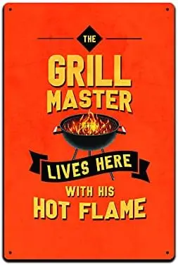 JP's Parcels Tin Signs Backyard Patio Decor-Metal Sign 12 x 8 in. The Grill Master Lives Here with His Hot Flame