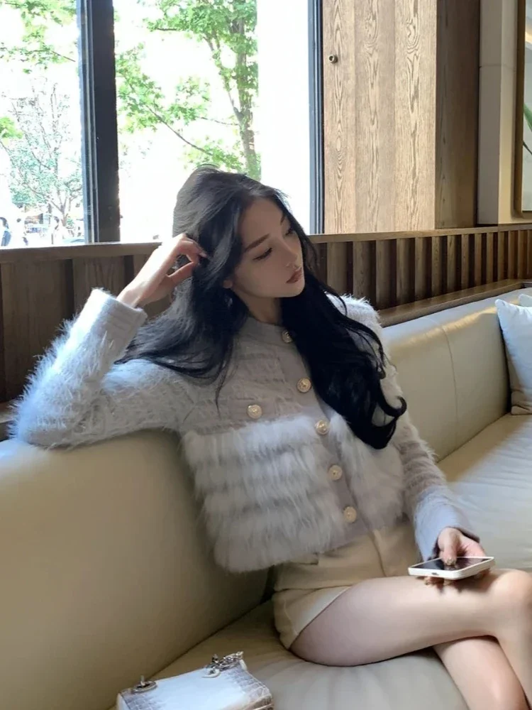 New Autumn Women Real Fox Fur Knitted Cardigan Jacket Luxury Fashion Knitting Sweater Coat Short Slim Female Top Clothing