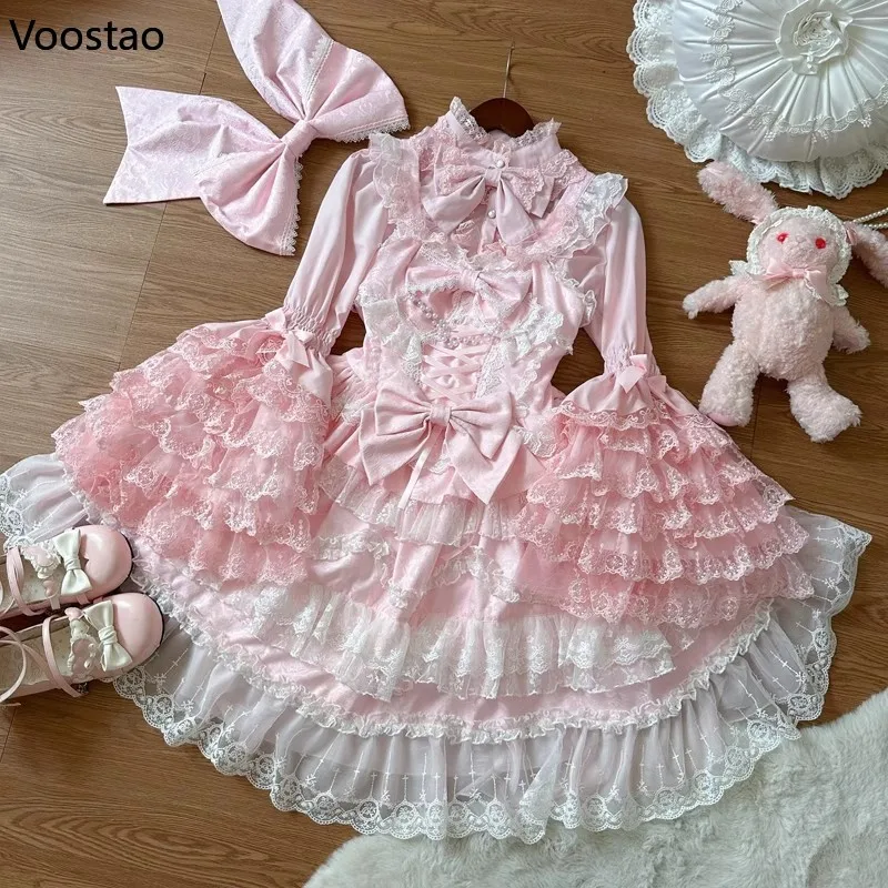 Victorian Vintage Lolita Jsk Dress Women Kawaii Bow Lace Ruffles Flower Wedding Party Dresses Japanese Elegant Princess Dress