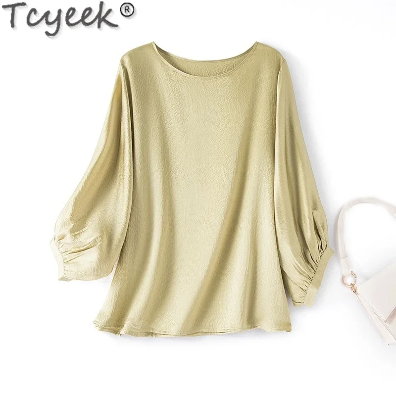 Tcyeek 100% Mulberry Silk T-shirts for Women 2024 Black Top Elegant Female Blouses Summer Clothes Ladies Tops Casual Топ Женский