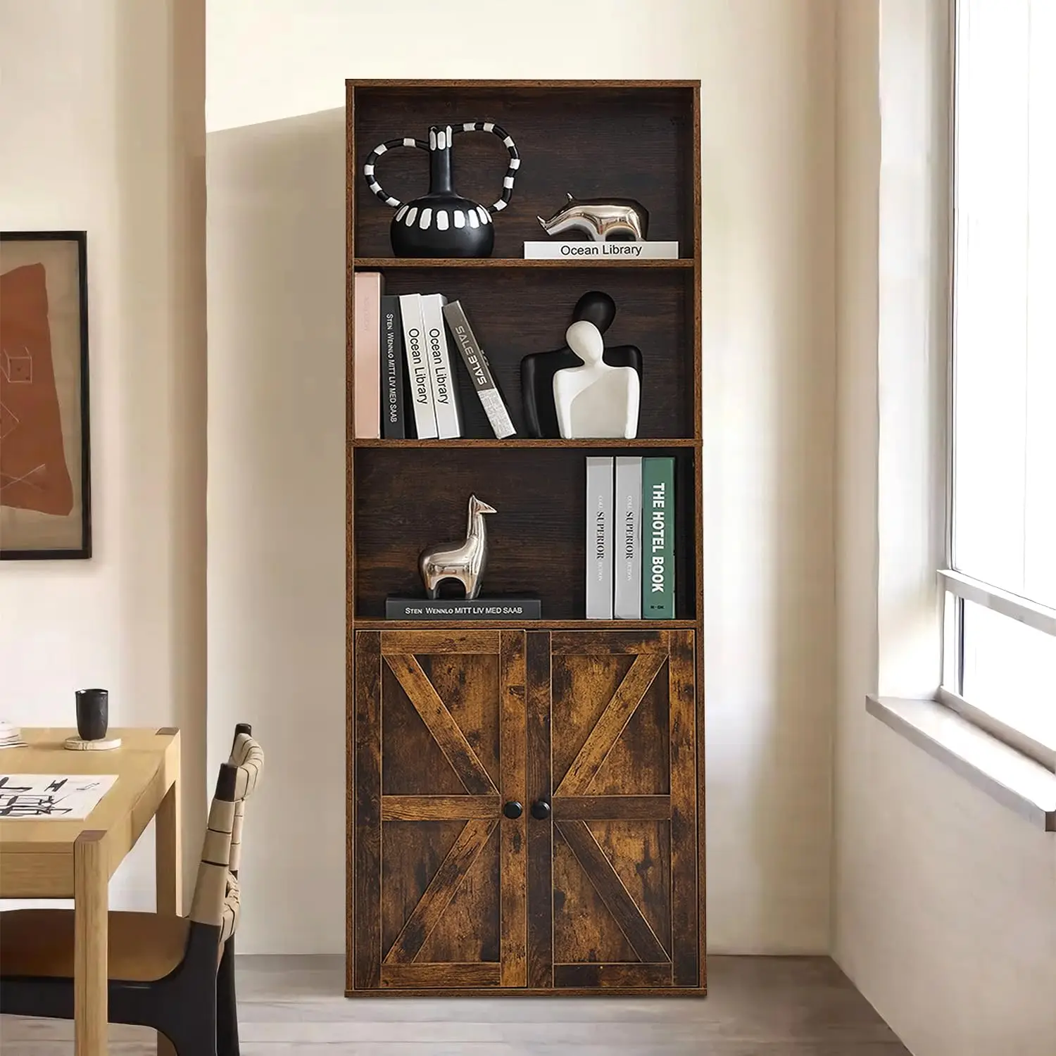 

5-Tier Farmhouse Bookcase with Barn Doors Storage Cabinet Display Shelves Living Room Home Office Bedroom Brown, Customized