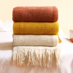 Chunky Knit Throw Blanket with Tassels Solid Color Boho Style Knitted Sofa Cover Soft Warm Textured Blanket for Living Room