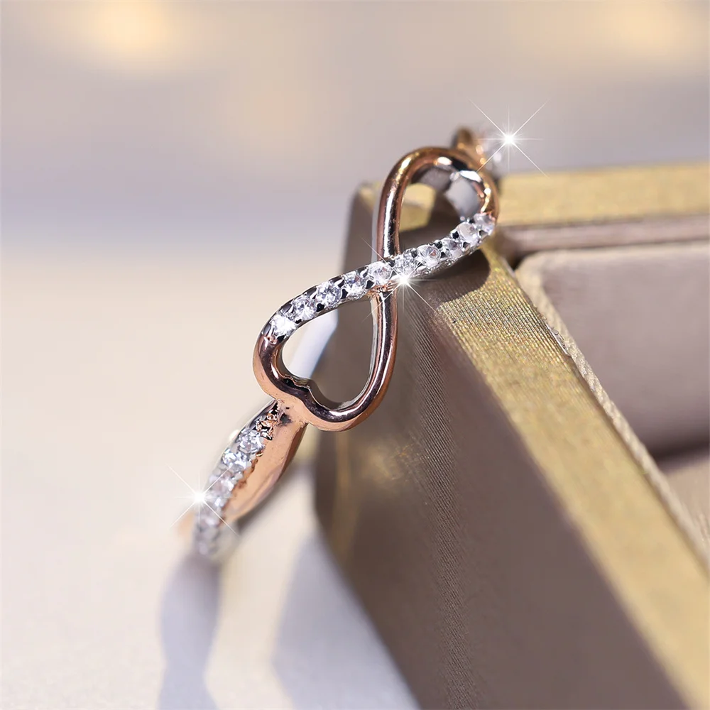 Simple Trendy 8 Shape Infinity Ring White Zircon Engagement Rings For Women Rose Gold Silver Color Wedding Band Two Tone Jewelry