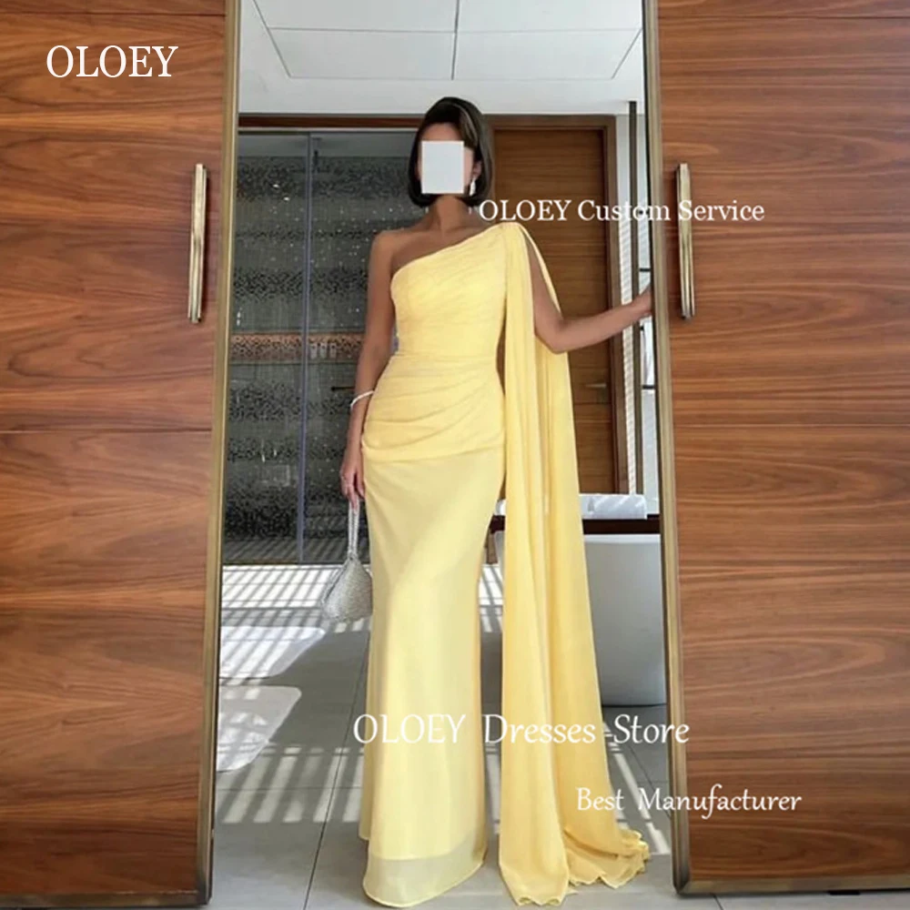 

OLOEY Simple Yellow Chiffon Arabic Women Evening Dresses One Shoulder Long Cape Sleeve Mermaid Party Prom Gowns Formal Dress