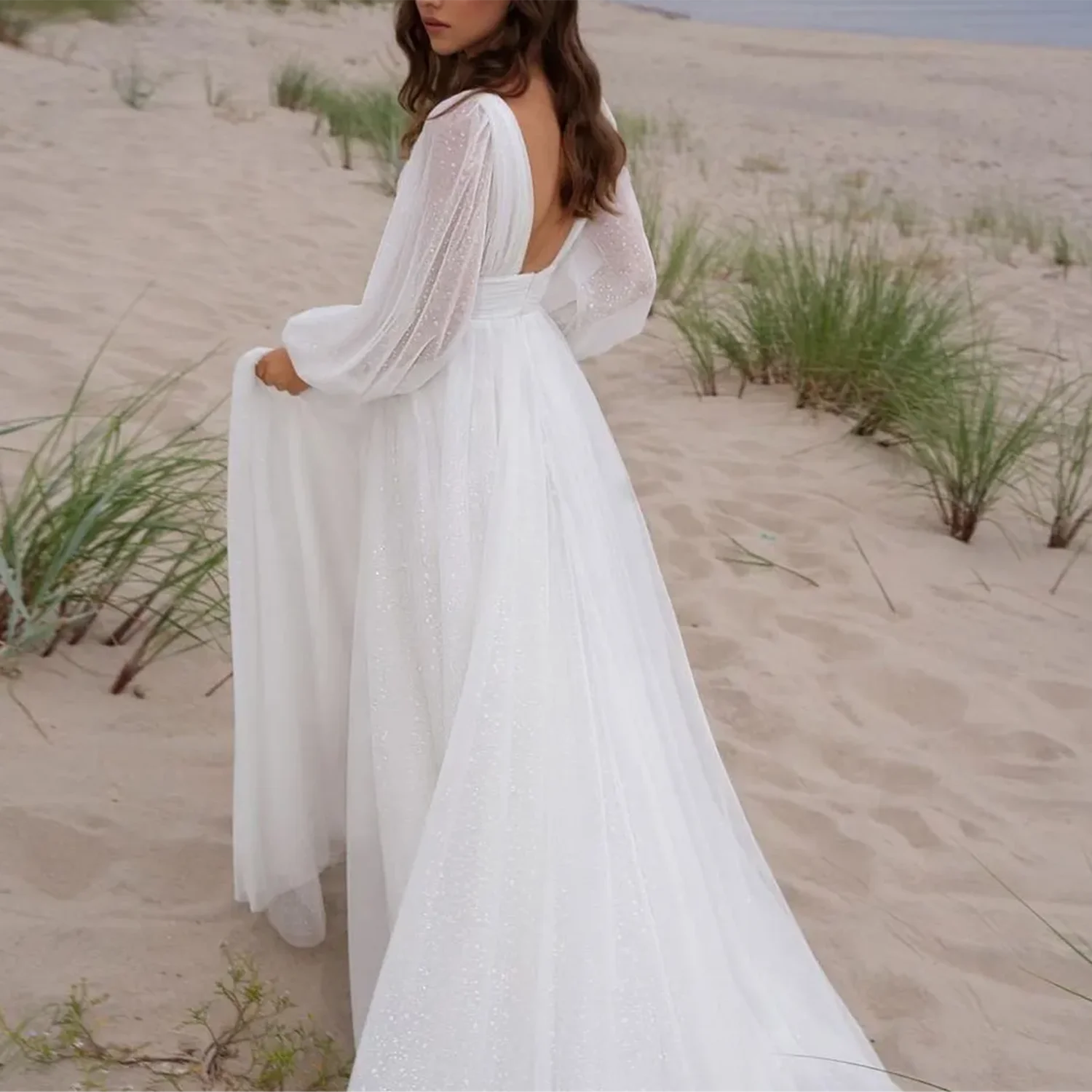 High-end Chiffon Wedding Dresses A-Line V-Neck Long Sleeve Tea-Length Wedding Dresses For Wedding Bridesmaid Birthday Holiday