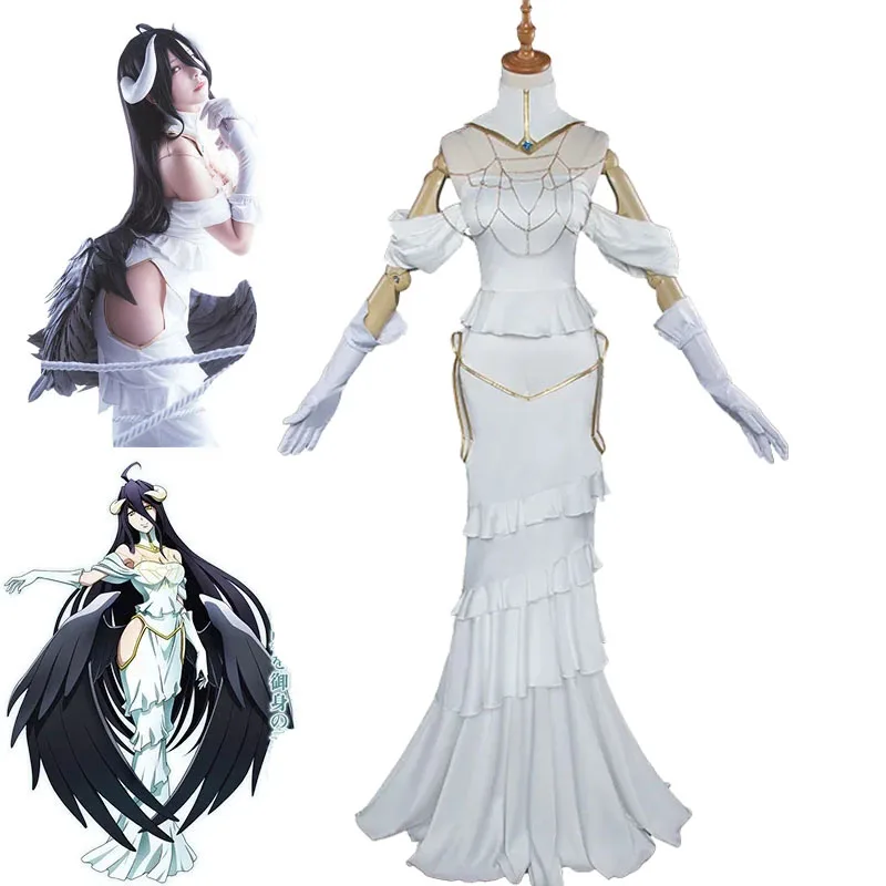 

Anime Overlord Albedo Cosplay Costumes Women White Long Chain Dress Suit Halloween Carnival Costumes 6 Piece Set Horn Collar