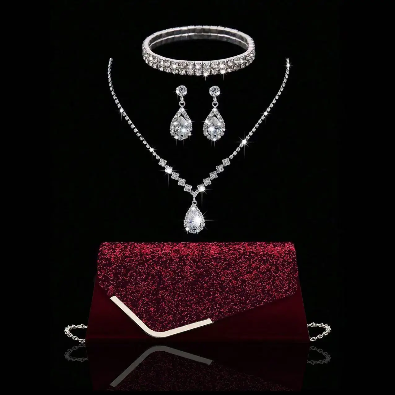 Wunderschöne, glänzende Vintage-Luxus-Damenhandtasche mit luxuriösem Glitzer-Schmuckset, geeignet für Party und Reisen.