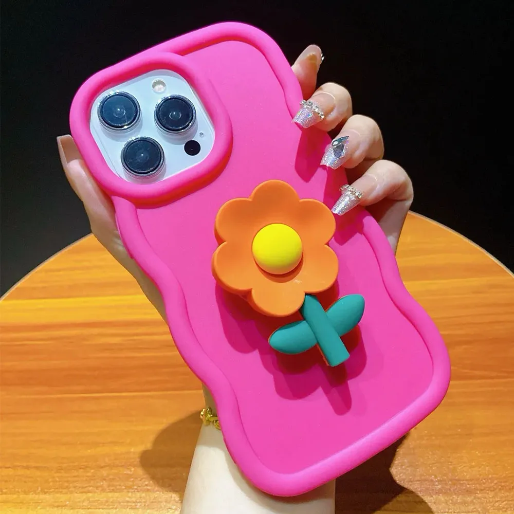 Cute Flower Bracket Soft Silicone Wave Phone Case For OPPO Reno 12 11 10 Pro 4 5 6 7 8 Lite 6Z 7Z 8Z 8T 4G 7 5G Find X3 X5 Lite