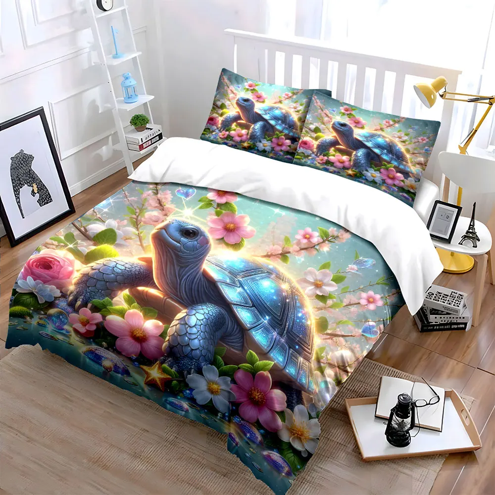 Shimmering Turtle in Dreamy Blossom Sea Bedding Set for Kids Luxury Gift 3pcs Digital Print Comforter Set Soft Comfortable
