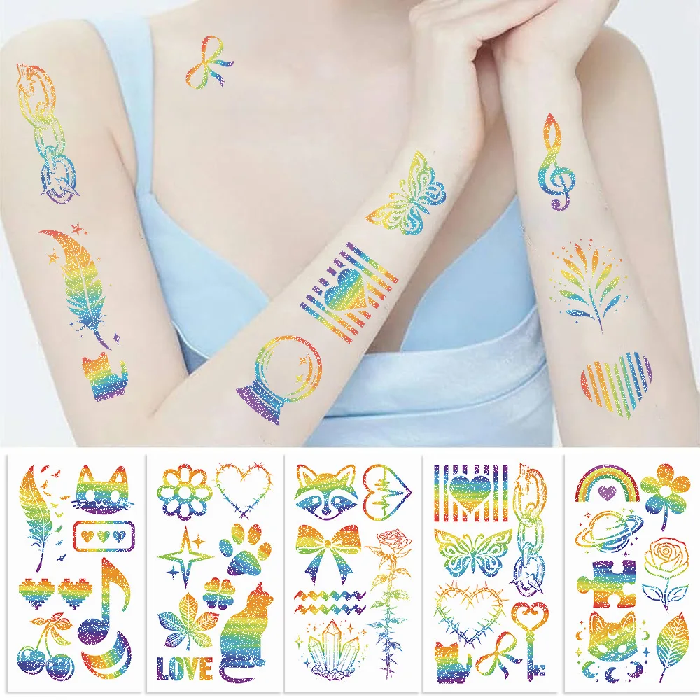 Cartoon Colorful Rainbow Series Tattoo Stickers Temporary Tattoos Cute Waterproof Durable Color Tattoo Sticker Gifts Decorations