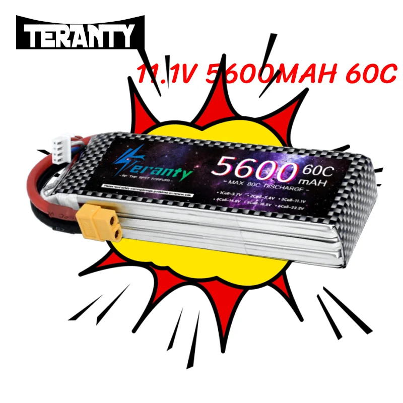 TERANTY 11.1V 3S 5600mAh 60C LiPo Battery Rechargeable for RC Vehicles FPV Drone with XT60 EC5 Connector