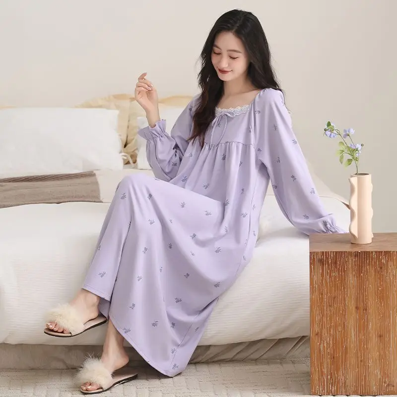 

2026 весенне-осенние ночные рубашки из 100% хлопка с длинными рукавами для женщин, корейская милая кружевная одежда для сна, ночное платье, ночная рубашка, домашняя ночная рубашка