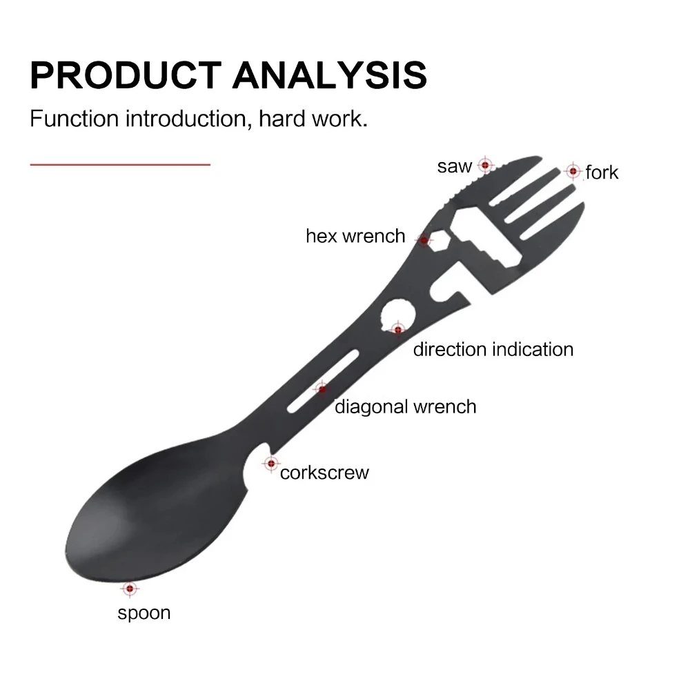 5 in 1 SUS430 Stainless Steel Survival Multi Tool, Outdoor Camping Hiking EDC Gear with Spoon Fork Bottle Opener