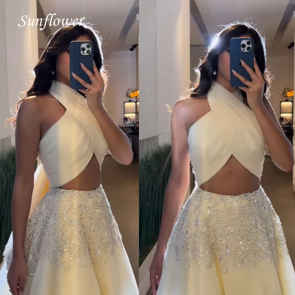 Sunflower Halter Long Mermaid Evening Dress 2023 Simple Slim Appliques Crop Top Tulle High-end Custom Prom Gowns Floor-Length