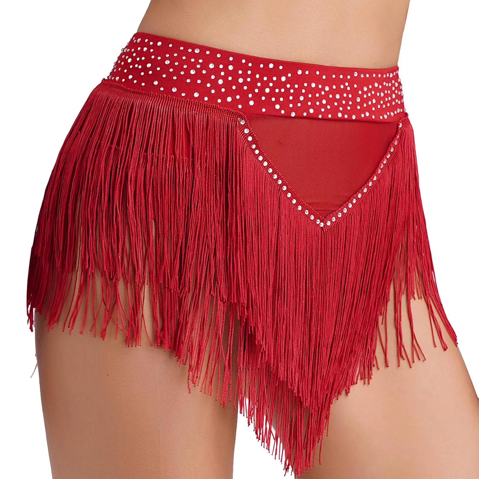 Womens Belly Dance Shorts Bottoms Rhinestone Tassel High Elastic See Through Mesh Briefs Latin Jazz Samba Performance Dancewear