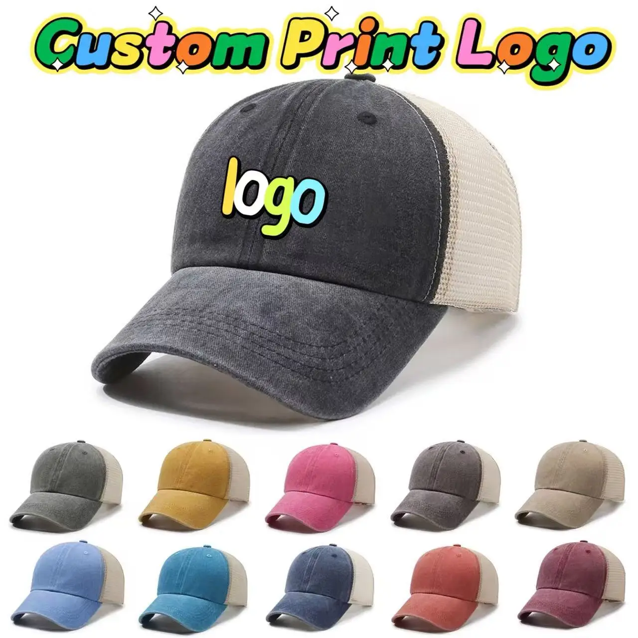 Customized Printed Logo Vintage Baseball Hat Men's Washed Cotton Solid Color Mesh Caps Women's Sun Shading Duck Tongues Hats
