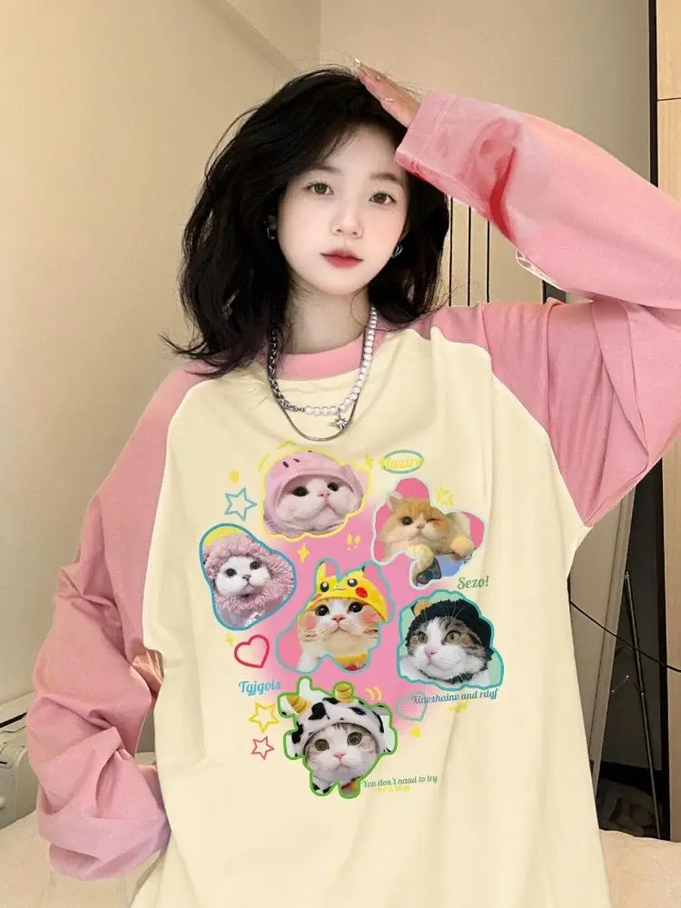 American Fashion Y2k T Shirts Cartoon Print Long Sleeve Aesthetics Tops Tees Spring Casual Loose Preppy Style Girl Clothing 2024