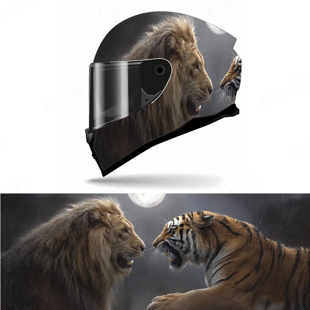 

Lion - Tiger Duel in the Night Rain Helmet Vinyl Wraps, Waterproof Scratch-Resistant Full Face Helmet Decals, Durable PVC Artist