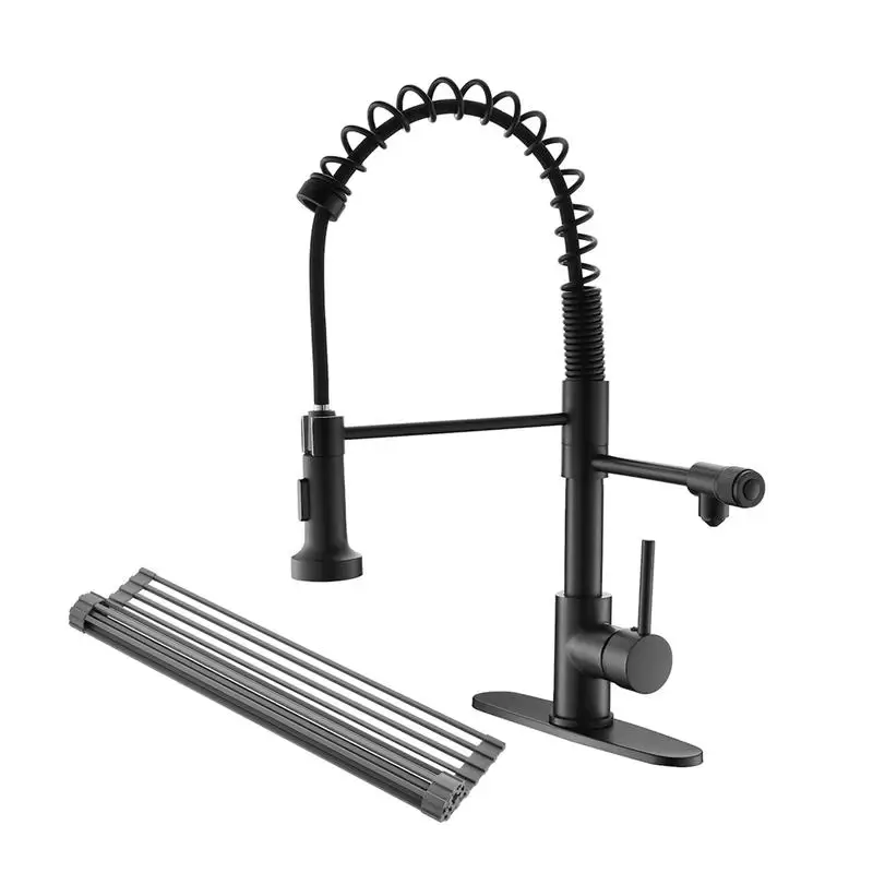 Matte Black Kitchen Faucet with Pull Down Water Filter and Roll Up Dish Drying Rack for Drinking Water